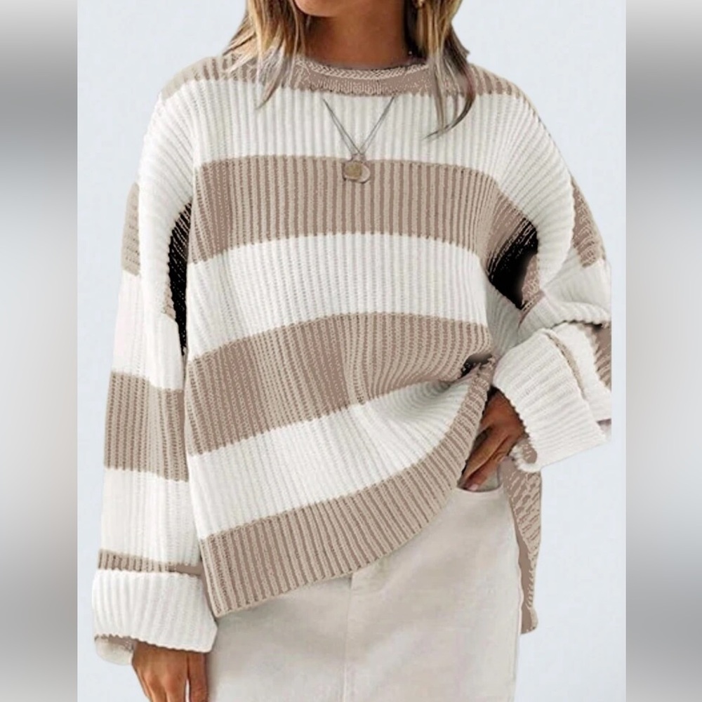 SHEIN Striped Beige and White Women's Sweater
